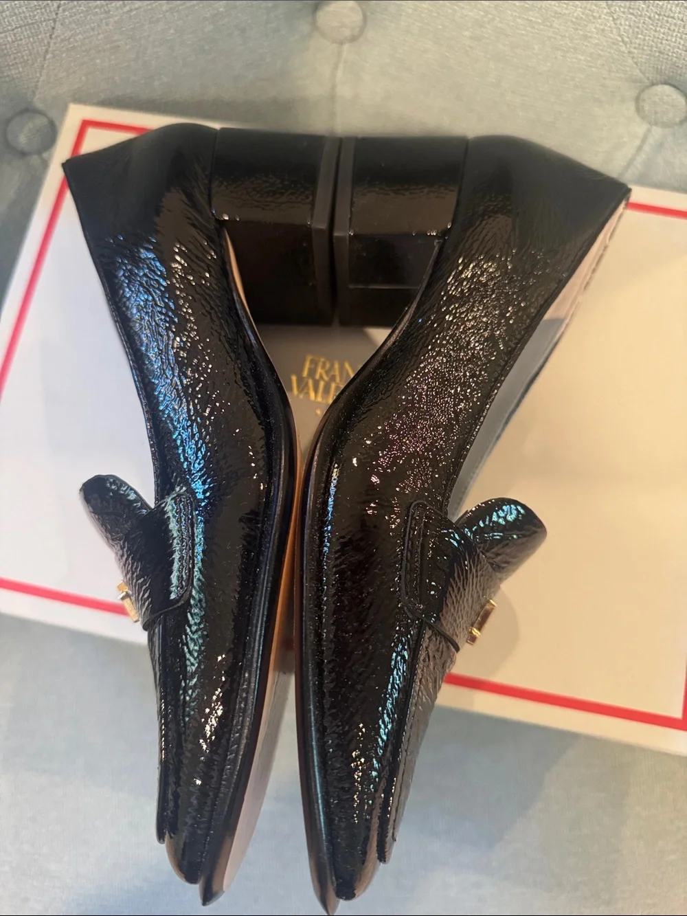 Frances Valentine Black crinkle soft Patent Loafers Gold FV Logo-Twiggy Loafer - Picture 5 of 11